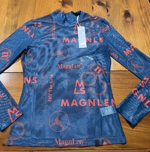 NWT Magnlens Womens Blue Orange Mesh Graphic Logo Long Sleeve Turtleneck Shirt S